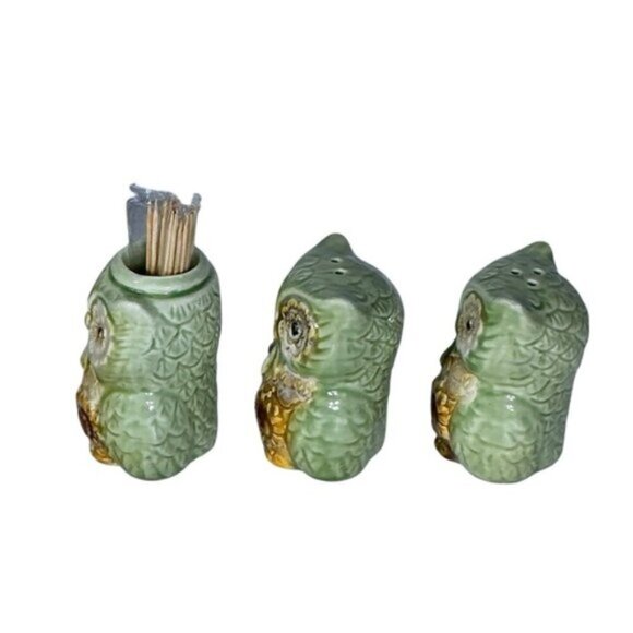 Owl Ceramic Kitchen Set Functional Hand Painted Art Green Yellow Sunflower 4 PC - Picture 4 of 15